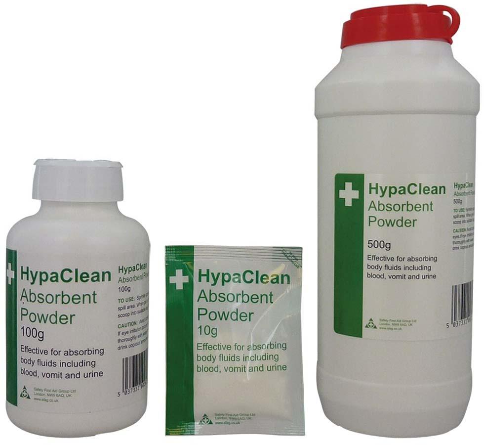 100g and 500g Tubs, 10g Packet of HypaClean Absorbent Powder - White and Green Label Design - Sentinel Laboratories Ltd