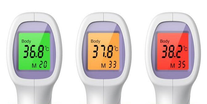 Three White and Purple Thermometres, One Green Display, One Orange Display and One Red Display