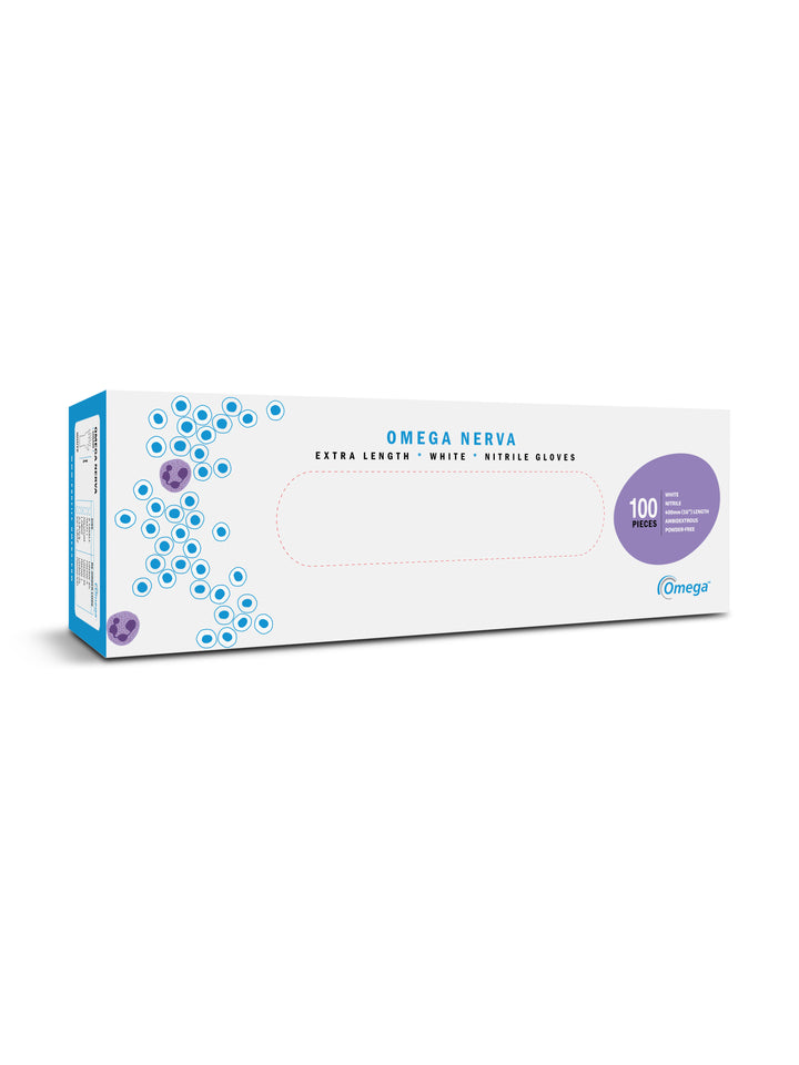 A Long White, Blue and Violet Box of BioClean Omega Nerva Nitrile White ONAW Non Sterile Gloves