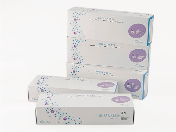 Multiple White, Blue and Violet Boxes of BioClean Omega Nerva Nitrile White ONAW Non Sterile Gloves