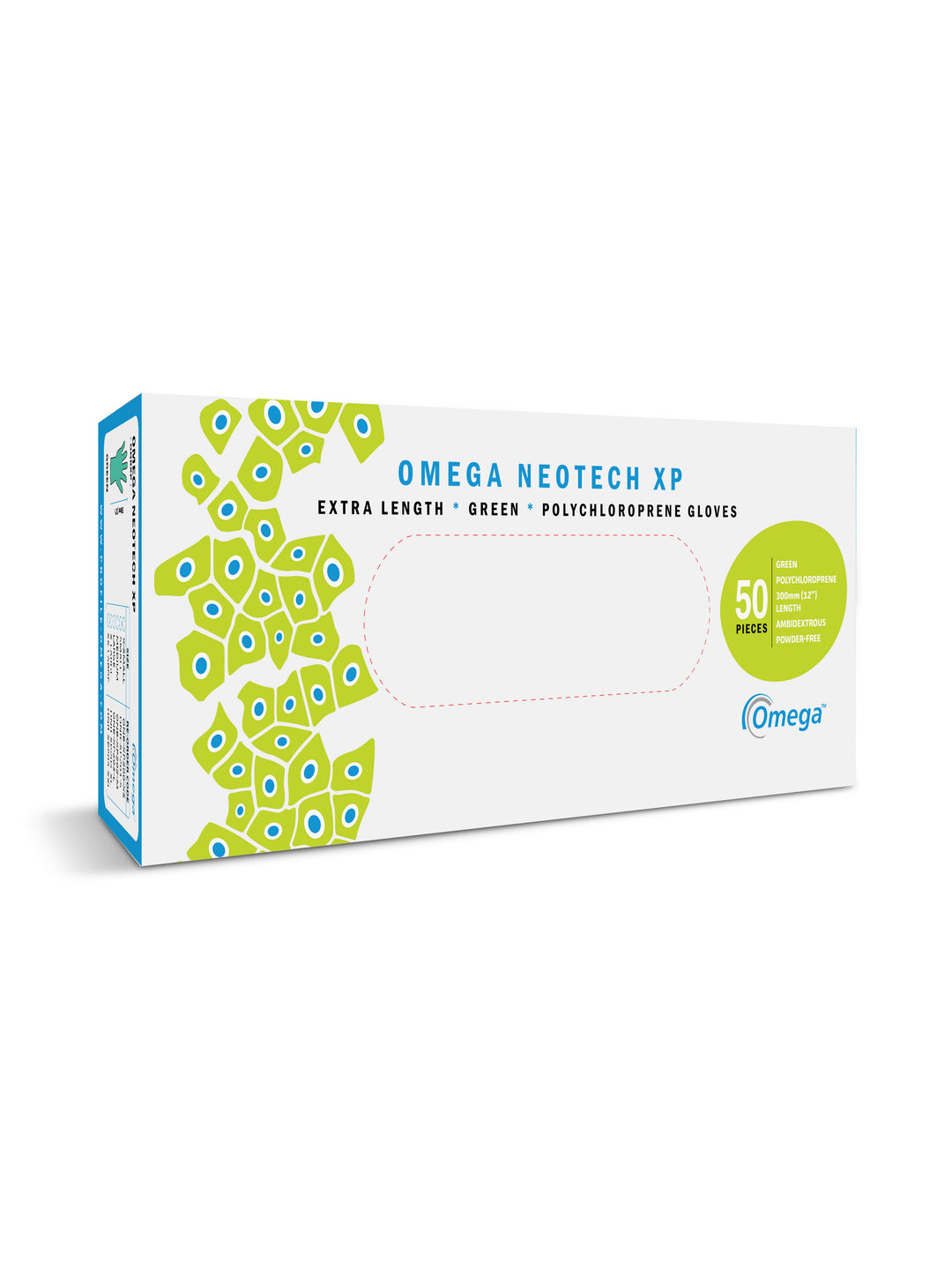 A White, Blue and Green Box of BioClean Omega Neotech XP ONBXP Gloves