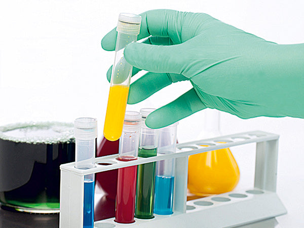 A Person Wearing a BioClean Omega Neotech XP ONBXP Glove Sorting Multiple Coloured Vials