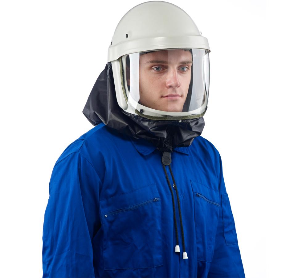 A Man Wearing a PureFlo™ ESM P-Series Bump Cap Respirator Unit with a Blue Coverall - Standard Build - PF23ESM - Sentinel Laboratories Ltd