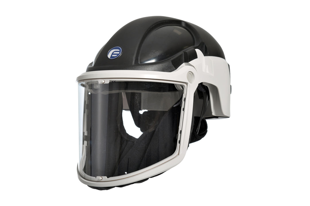 A Black, Dark Grey and White PF3000 Black Hard Hat with the Visor Down