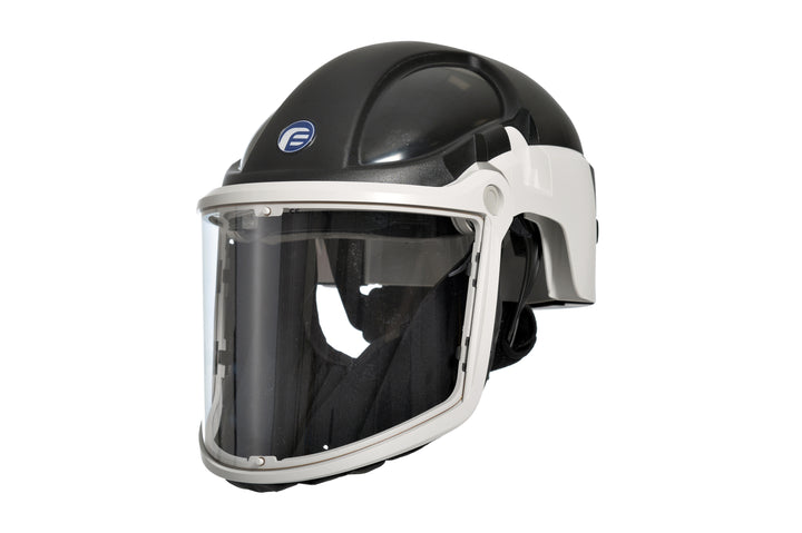 A Black, Dark Grey and White PF3000 Black Hard Hat with the Visor Down