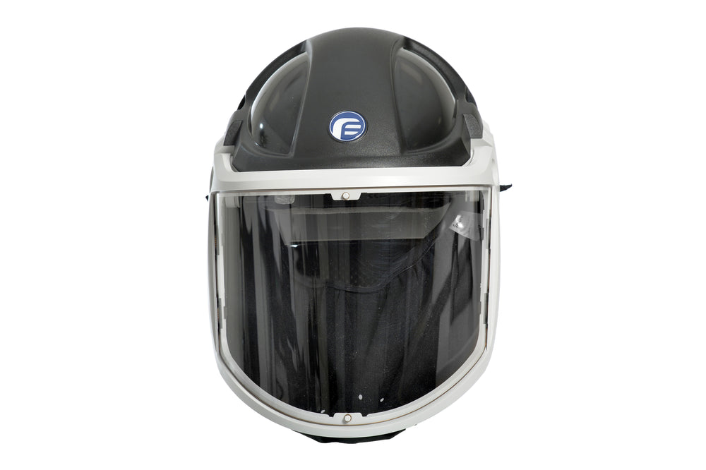 A Black, Dark Grey and White PF3000 Black Hard Hat with the Visor Down