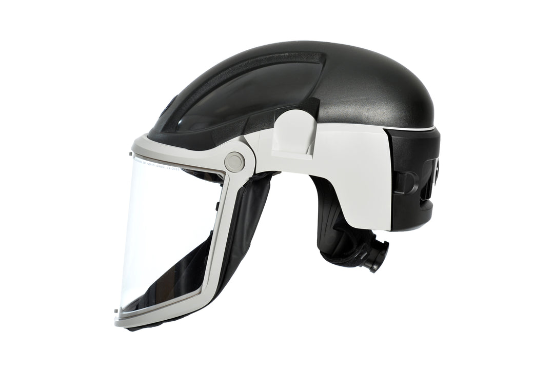 A Black, Dark Grey and White PF3000 Black Hard Hat with the Visor Down