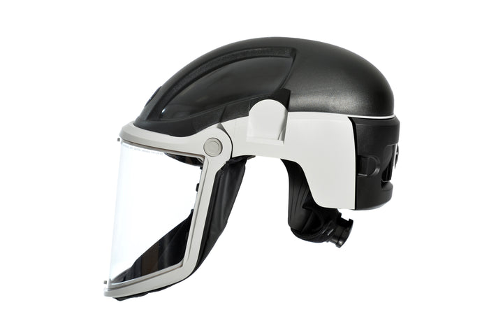 A Black, Dark Grey and White PF3000 Black Hard Hat with the Visor Down