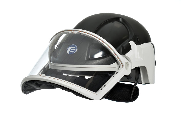 A Black, Dark Grey and White PF3000 Black Hard Hat with the Visor up