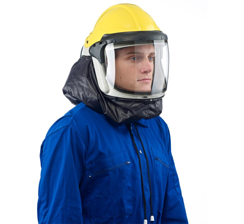 A Man Wearing a Yellow, Grey and Black PureFlo™ ESM Hard Hat Powered Respirator Unit and a Blue Coverall - Standard Build - PF33ESM - Sentinel Laboratories Ltd