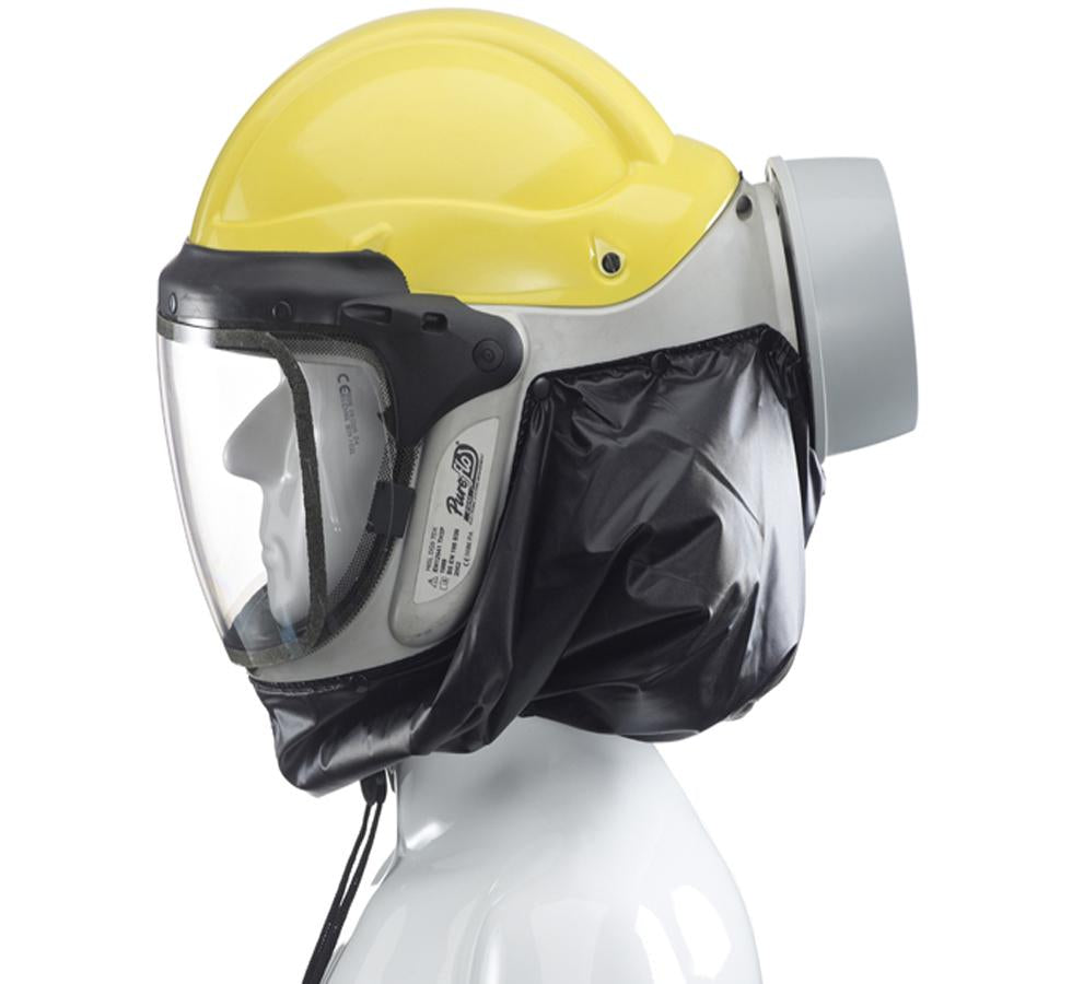 Side View of a Mannequin Wearing a Grey, Yellow and Black PureFlo™ ESM Hard Hat Powered Respirator Unit - Standard Build - PF33ESM - Sentinel Laboratories Ltd