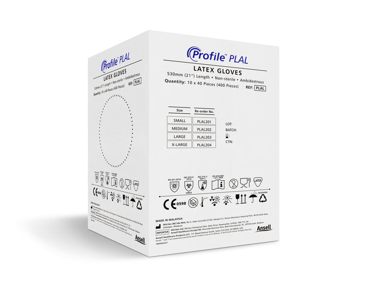 A White, Black and Blue Case of BioClean Profile PLAL Latex Ambidextrous Non Sterile Gloves