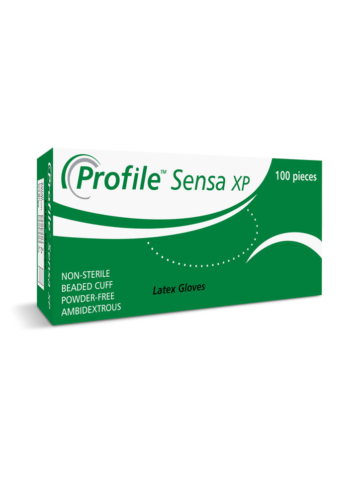 A White and Green Box of Nitritex Profile SENSA XP™ Latex Ambidextrous Gloves