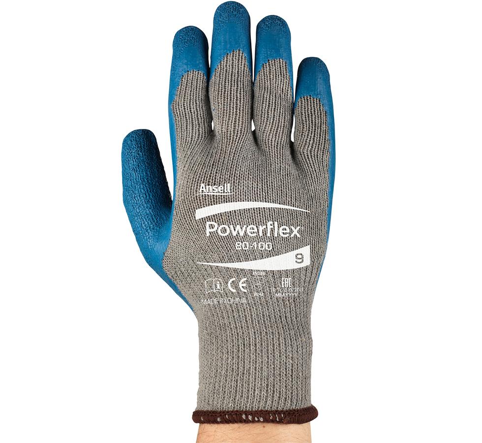 A Person Wearing a Single Knitted Grey and Blue POWERFLEX® 80-100 Glove with Brown Beaded Cuff and White Lettering - Sentinel Laboratories Ltd