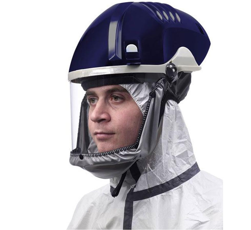Man Wearing Grey and Blue PureFlo™ Purelite Xstream Dust Mask - Clear Visor - Sentinel Laboratories Ltd
