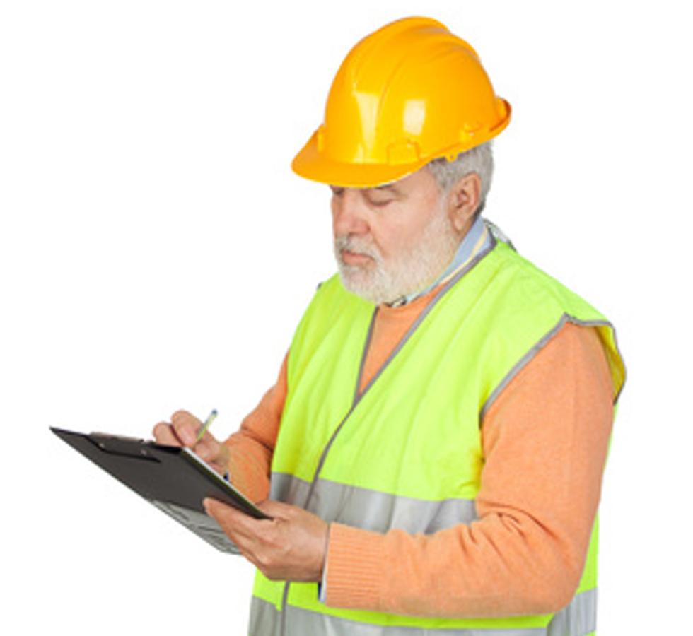 Elderly man holding a clip board wearing fluorescent vest and yellow hard hat - Risk Assessment Training - Level 2 - Sentinel Laboratories Ltd