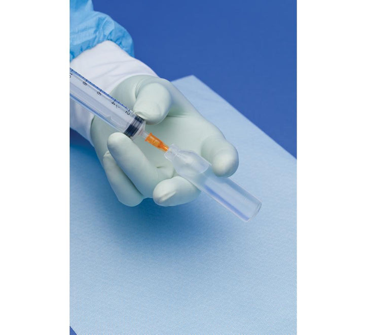 Person filling Vial with Syringe on BioClean ChemPrep™ Sterile Preparation Mat - 16" x 10" - Sentinel Laboratories Ltd