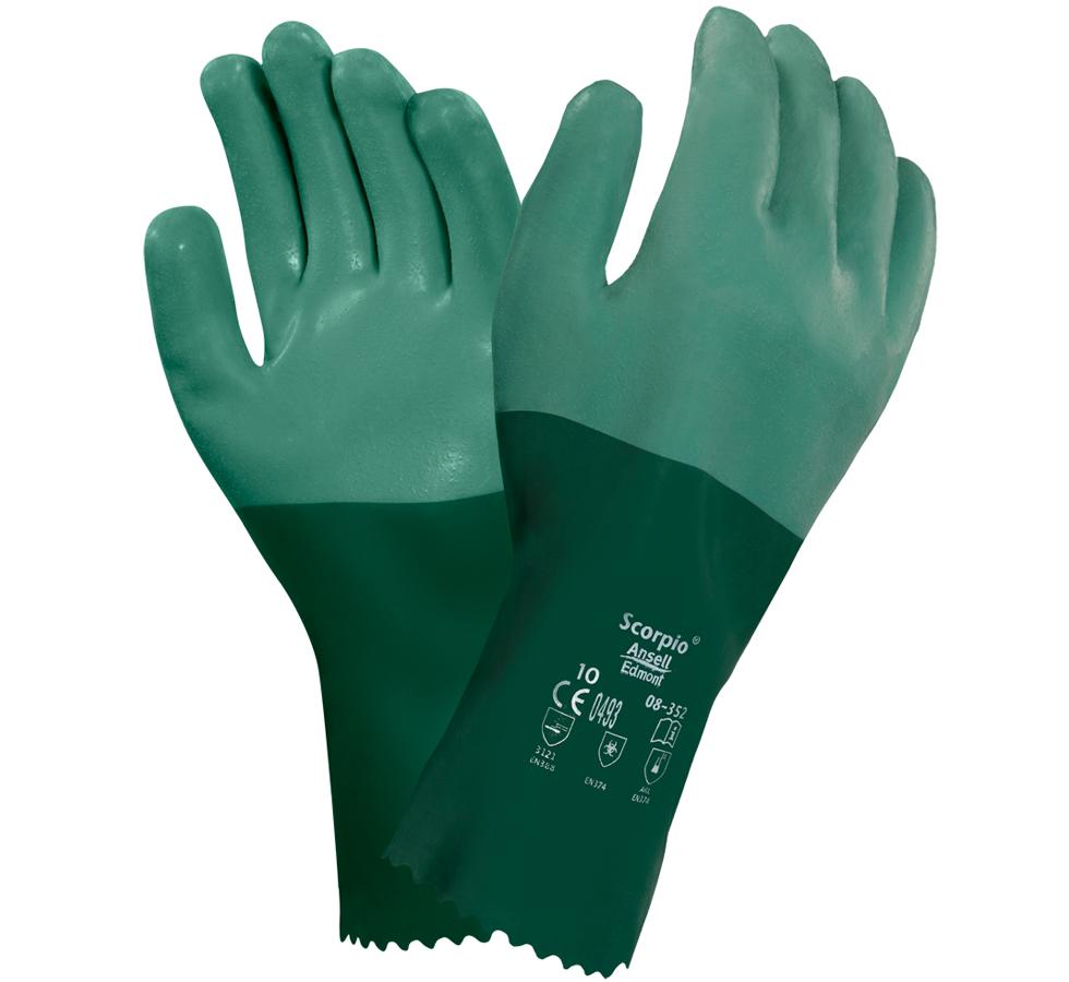 A Pair of Light Green and Dark Green SCORPIO® 08-352 Long Cuff Gloves - White Lettering - Sentinel Laboratories Ltd