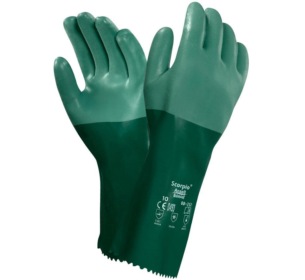 A Pair of Light and Dark Green SCORPIO® 08-354 Long Cuff Gloves with White Lettering - Sentinel Laboratories Ltd