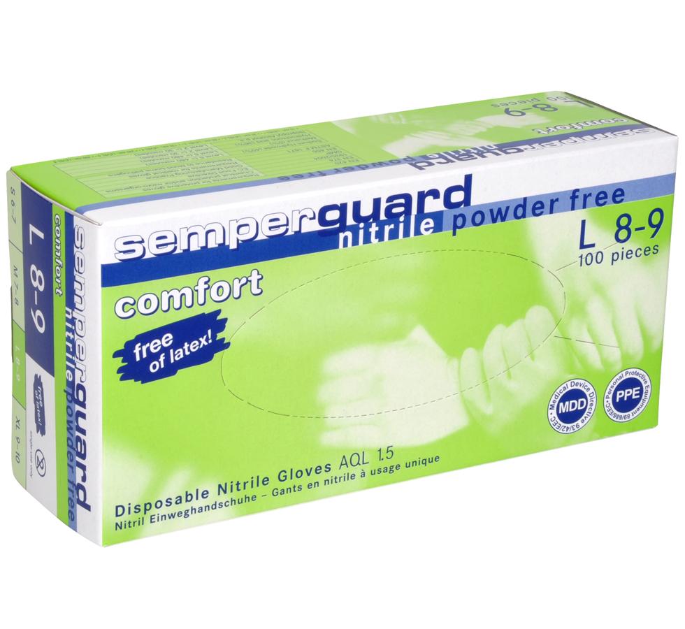 Single Box of Semperguard 'New Generation' Comfort Nitrile Examination Gloves, Powder Free, Non Sterile - Lime Green and Blue Colour Design - Sentinel Laboratories Ltd