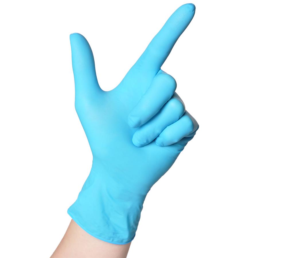 A Gloved Hand Pointing Up Using Blue Semperguard 'New Generation' Comfort Nitrile Examination Gloves, Powder Free, Non Sterile - Sentinel Laboratories Ltd