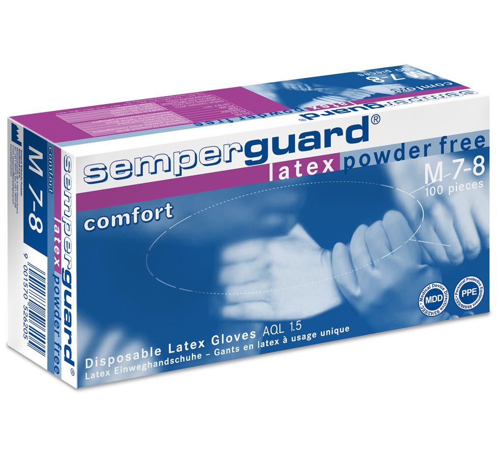 Single Dark Blue, White and Purple Colour Box of Semperguard Latex Comfort Powder Free Examination Gloves, Non Sterile - Sentinel Laboratories Ltd