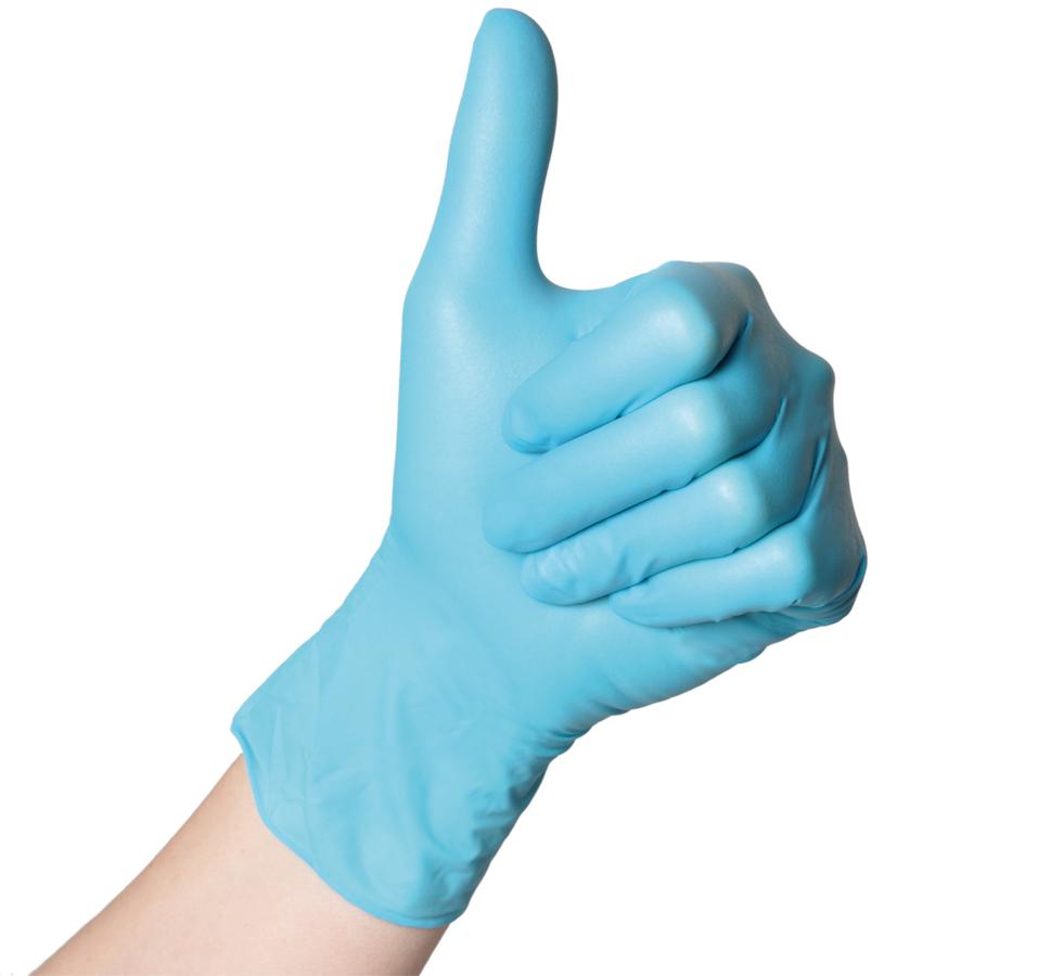 A Gloved Hand Thumbs Up Using Semperguard Xpert Blue Nitrile Examination Gloves, Powder Free, Non Sterile - Sentinel Laboratories Ltd