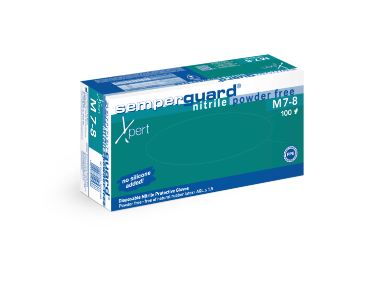 Green, Blue and White Box of Semperguard Xpert Nitrile Powder Free Gloves