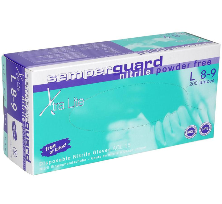Single Light Blue and Purple Colour Box of Semperguard Xtralite Nitrile Examination Gloves, Powder Free, Non Sterile - Sentinel Laboratories Ltd