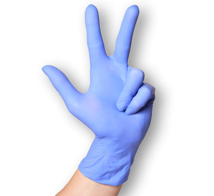 A Gloved Hand with Three Fingers Up Using Purple Semperguard Xtralite Nitrile Examination Gloves, Powder Free, Non Sterile - Sentinel Laboratories Ltd