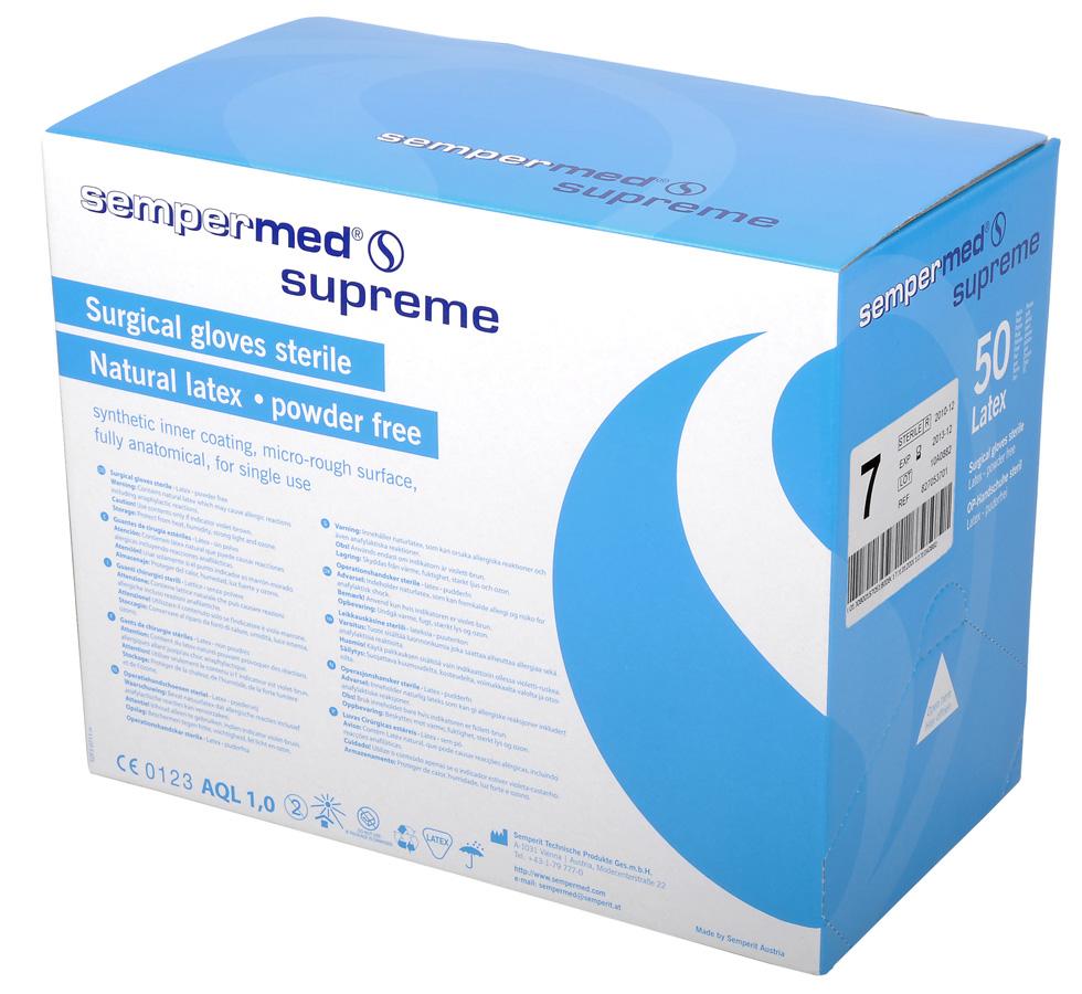 Single Light Blue and White Box of Sempermed Supreme Surgical Gloves, Powder Free, Sterile (Foil Wrapped) - Sentinel Laboratories Ltd
