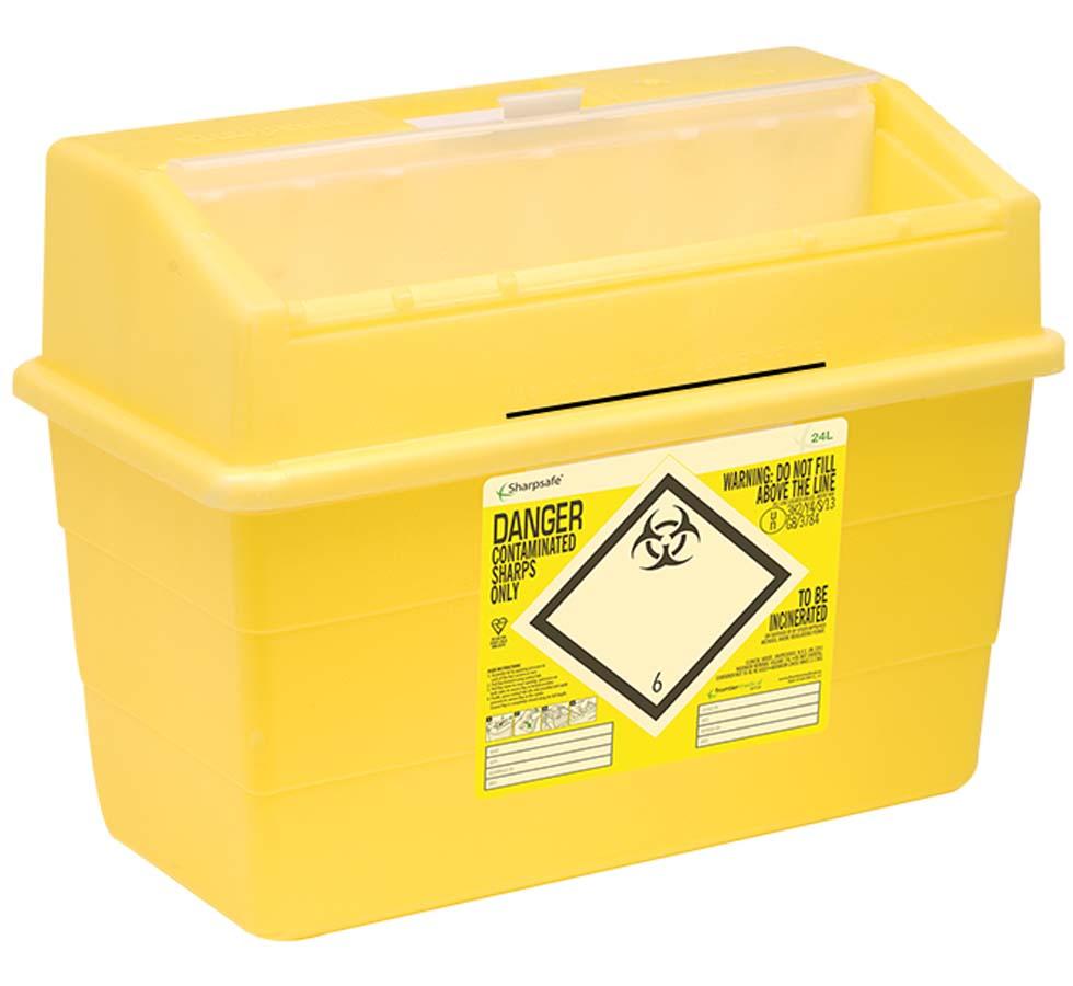 Yellow Sharpsafe® 24 Litre Protected Access Sharps Bin - Hazard Symbol - Sentinel Laboratories Ltd