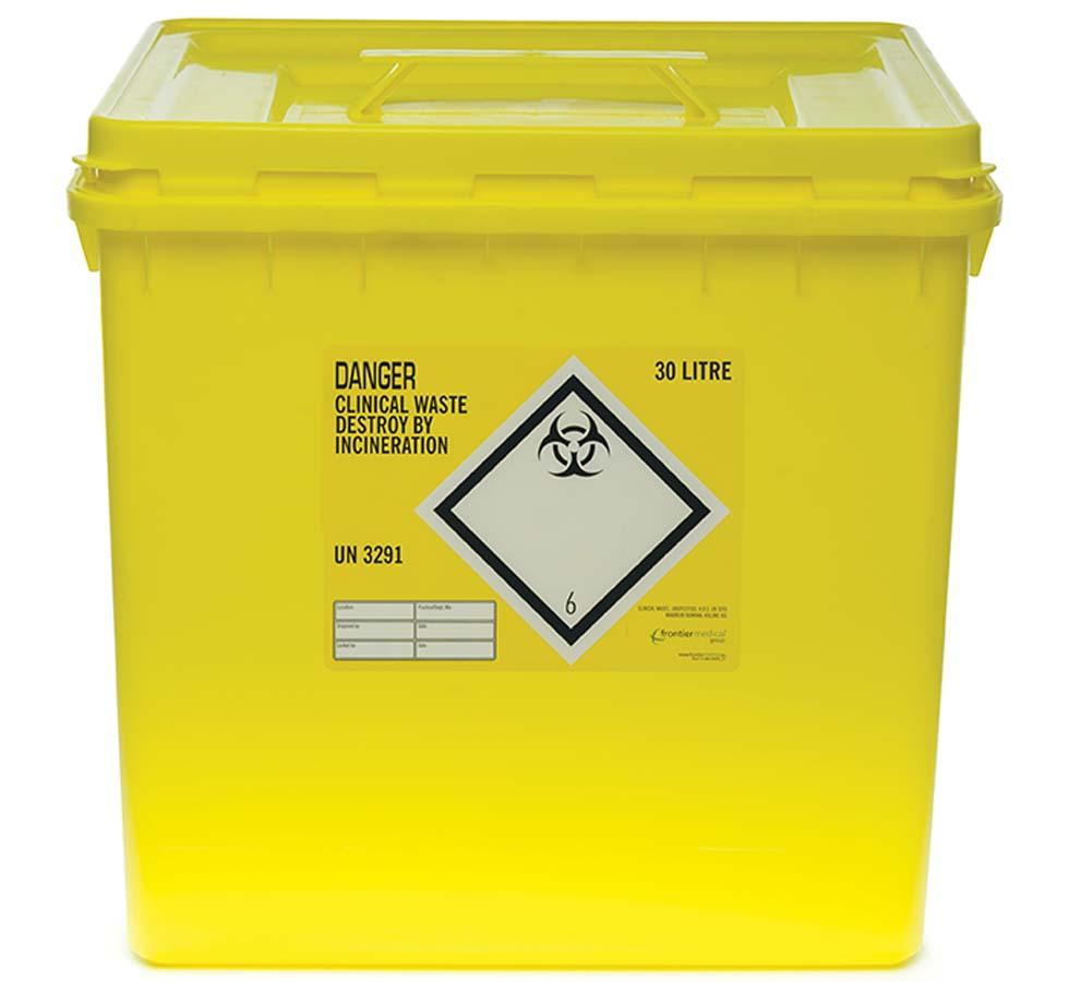 Yellow Sharpsafe® 30 Litre Clinical Waste Sharps Bin - Hazard Label - Sentinel Laboratories Ltd