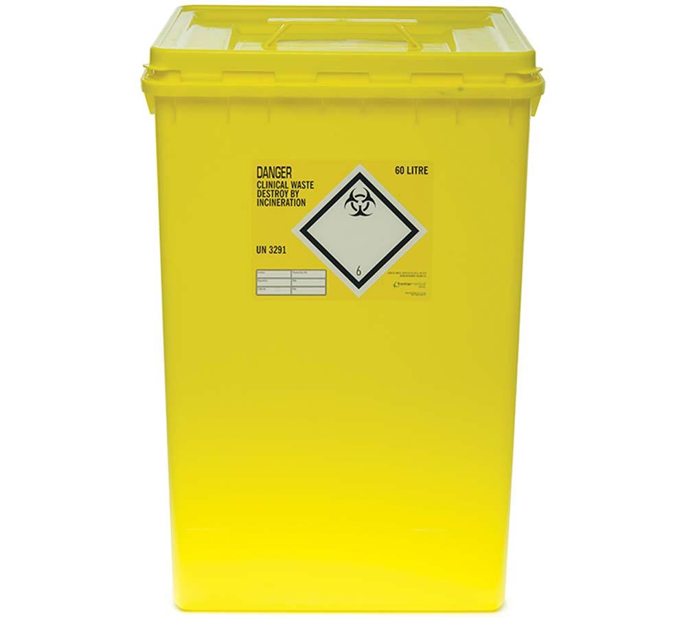 Yellow Sharpsafe® 60 Litre Clinical Waste Sharps Bin - Hazard Label - Sentinel Laboratories Ltd