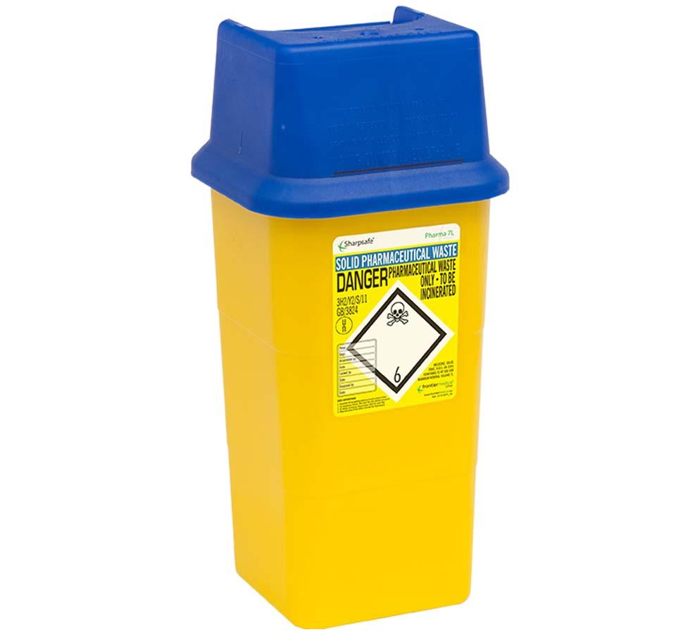 A Single Yellow Sharpsafe® 7 Litre Sharps Bin with a Blue Lid - Sentinel Laboratories Ltd