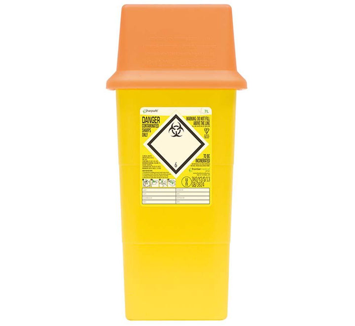 A Single Yellow Sharpsafe® 7 Litre Sharps Bin with an Orange Lid - Sentinel Laboratories Ltd