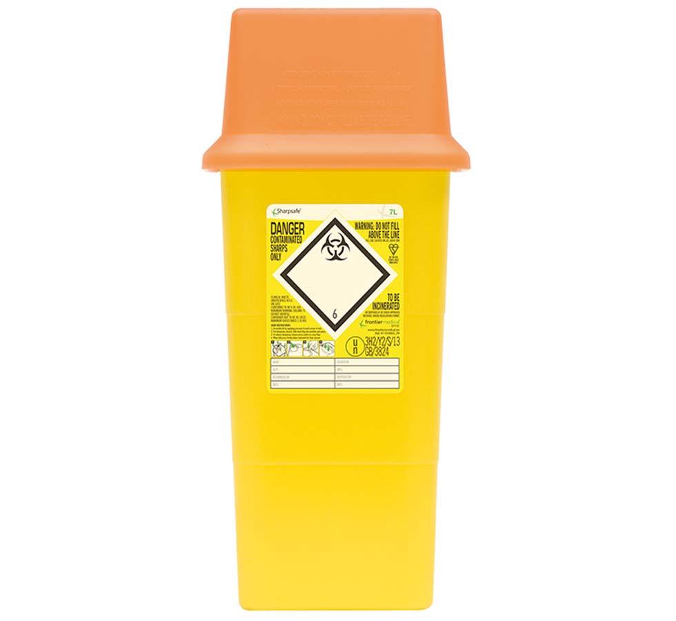 A Single Yellow Sharpsafe® 7 Litre Sharps Bin with an Orange Lid - Sentinel Laboratories Ltd