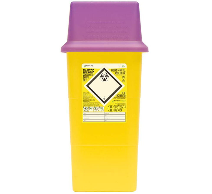 A Single Yellow Sharpsafe® 7 Litre Sharps Bin with a Purple Lid - Sentinel Laboratories Ltd