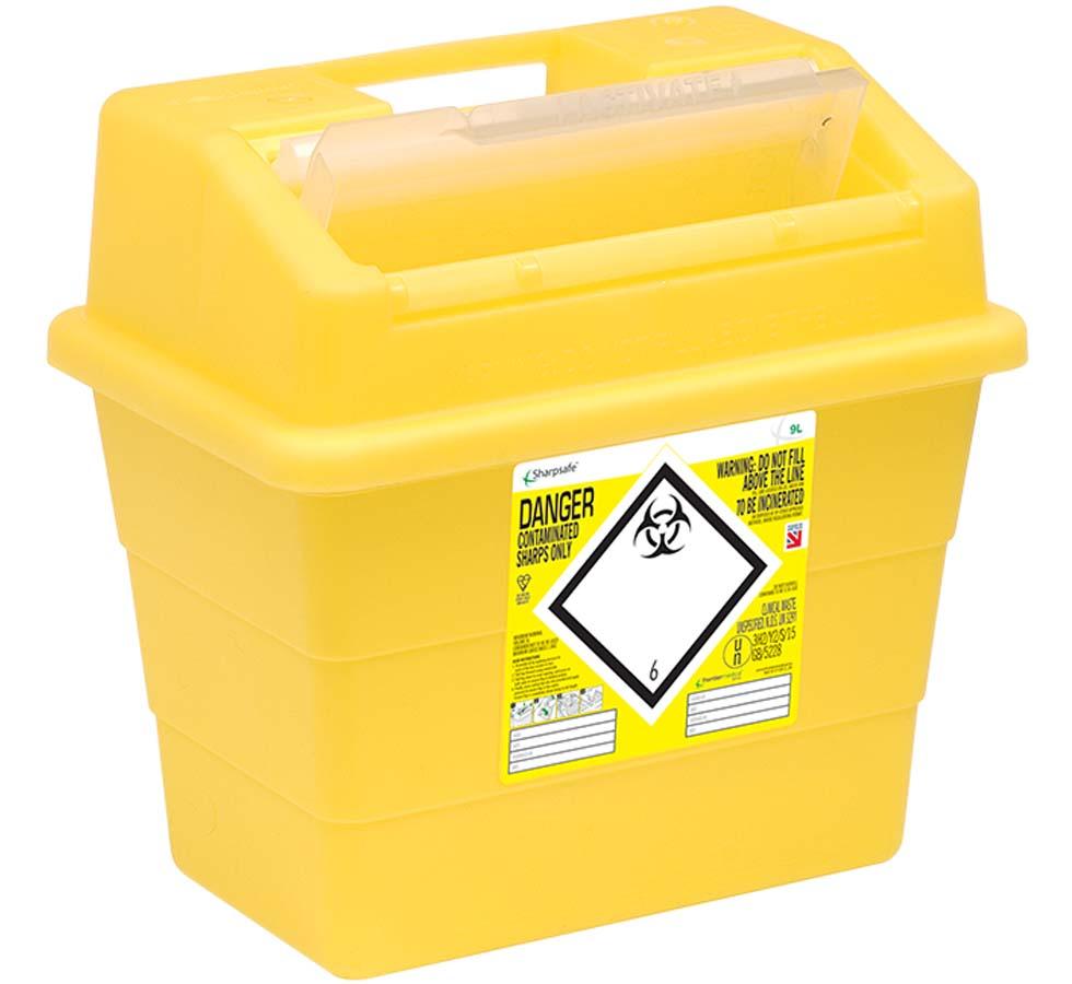 Yellow Sharpsafe® 9 Litre Protected Access Sharps Bin - Hazard Symbol - Sentinel Laboratories Ltd