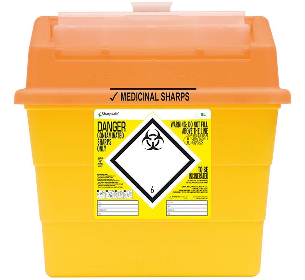 A Yellow Sharpsafe® 9 Litre Sharps Bin with an Orange Lid - Sentinel Laboratories Ltd