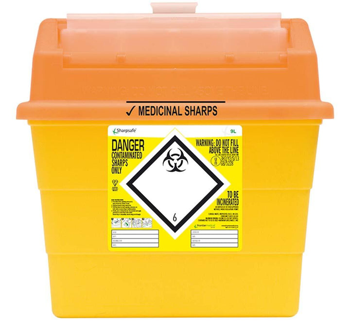 A Yellow Sharpsafe® 9 Litre Sharps Bin with an Orange Lid - Sentinel Laboratories Ltd