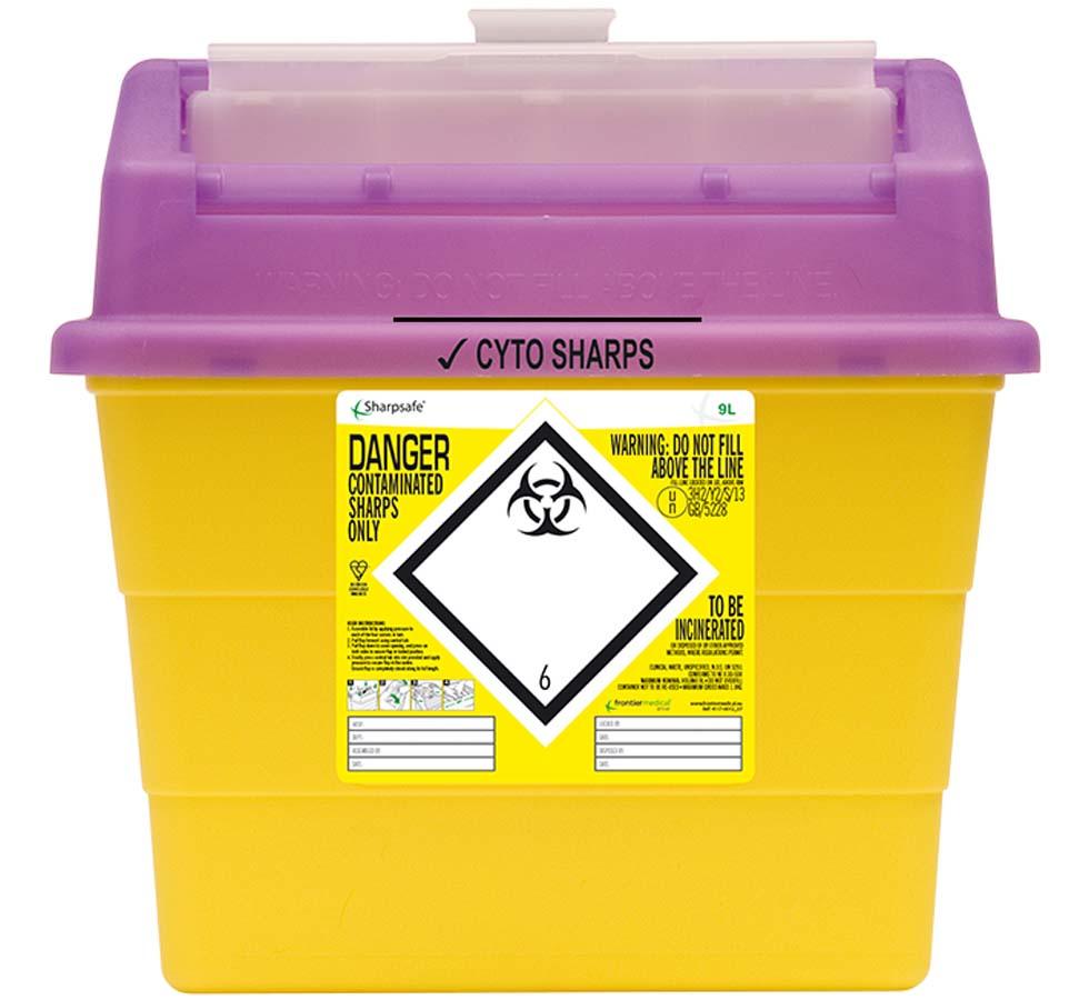 A Single Yellow Sharpsafe® 9 Litre Cyto Sharps Bin with Purple Lid - Sentinel Laboratories Ltd