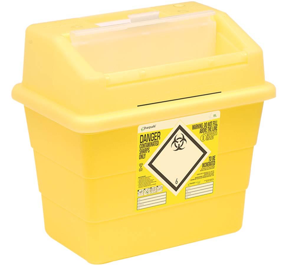 Yellow Sharpsafe® 9 Litre Sharps Bin - Hazard Symbol - Sentinel Laboratories Ltd
