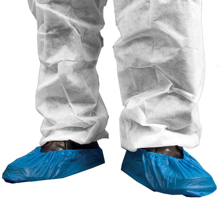 Black Mannequin wearing Blue Shield DF01 CPE Overshoes with White Over Trousers - Sentinel Laboratories Ltd
