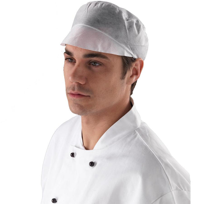 Man wearing White Shield DM04 Peaked Cap with White Buttoned Chef Coat - Sentinel Laboratories Ltd