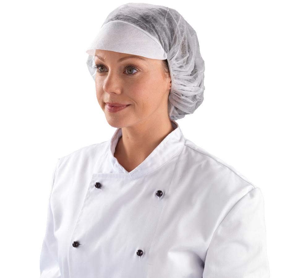 Woman Wearing a White Shield DM05 Peaked Bouffant Cap with White Buttoned Up Chef Coat - Sentinel Laboratories Ltd