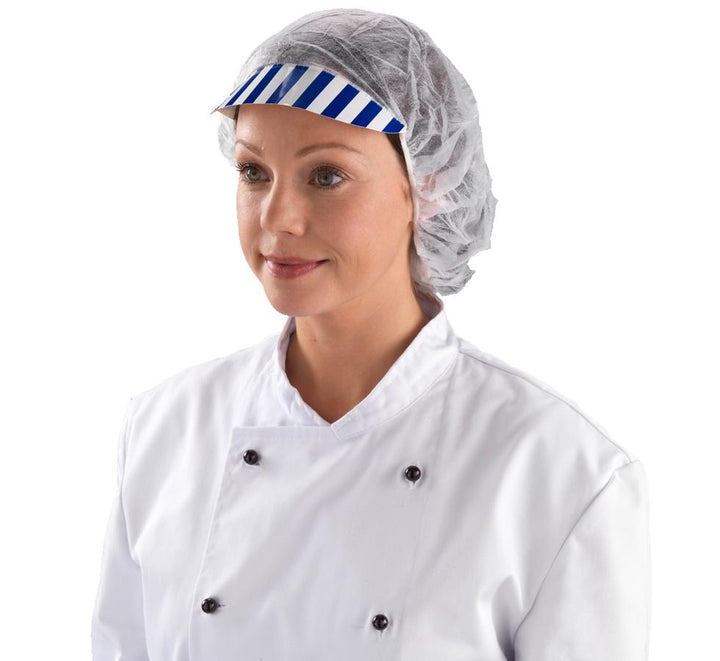 Woman Wearing a White and Blue Shield DM06 Cardboard Peaked Cap with White Buttoned Up Chef Coat - Sentinel Laboratories Ltd