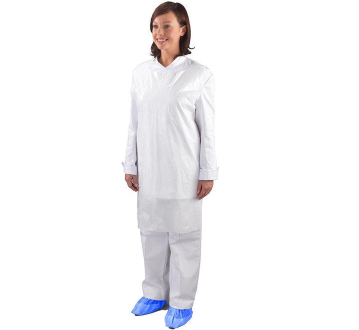 Woman Wearing White Shield 69 x 107cm Polythene Apron with Blue Overshoes - Sentinel Laboratories Ltd