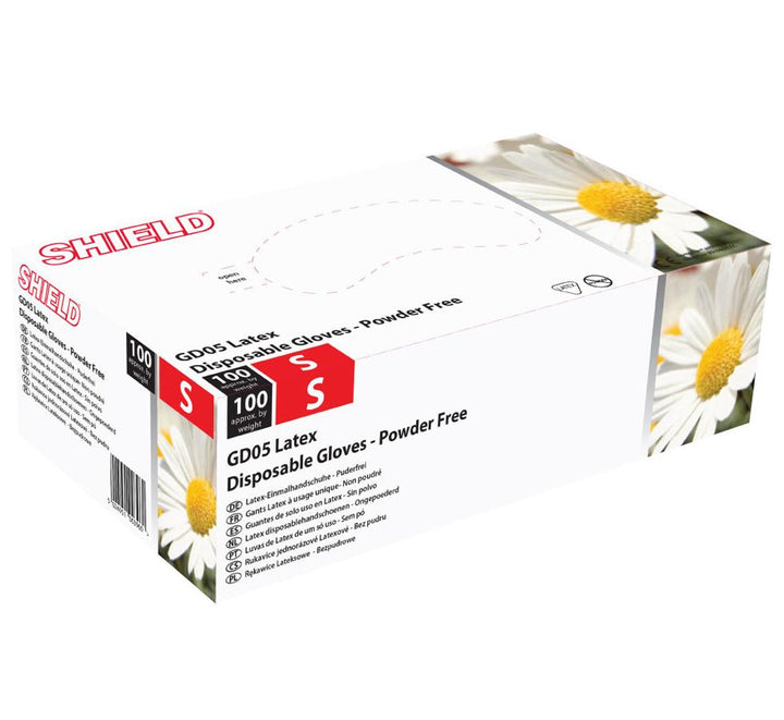 A White and Yellow Box of Shield GD05 Powder Free Latex Disposable Gloves - Sentinel Laboratories Ltd