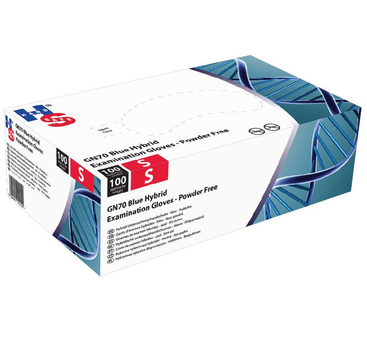 A White and Blue/Green Box of Shield GN70 Hybrid Powder Free Examination Gloves - Sentinel Laboratories Ltd